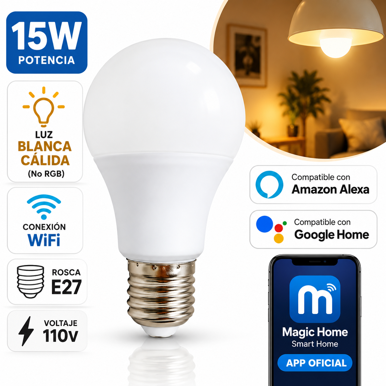 Bombillo LED Inteligente WiFi 110V E27 magic home luz blanca - Imagen 2