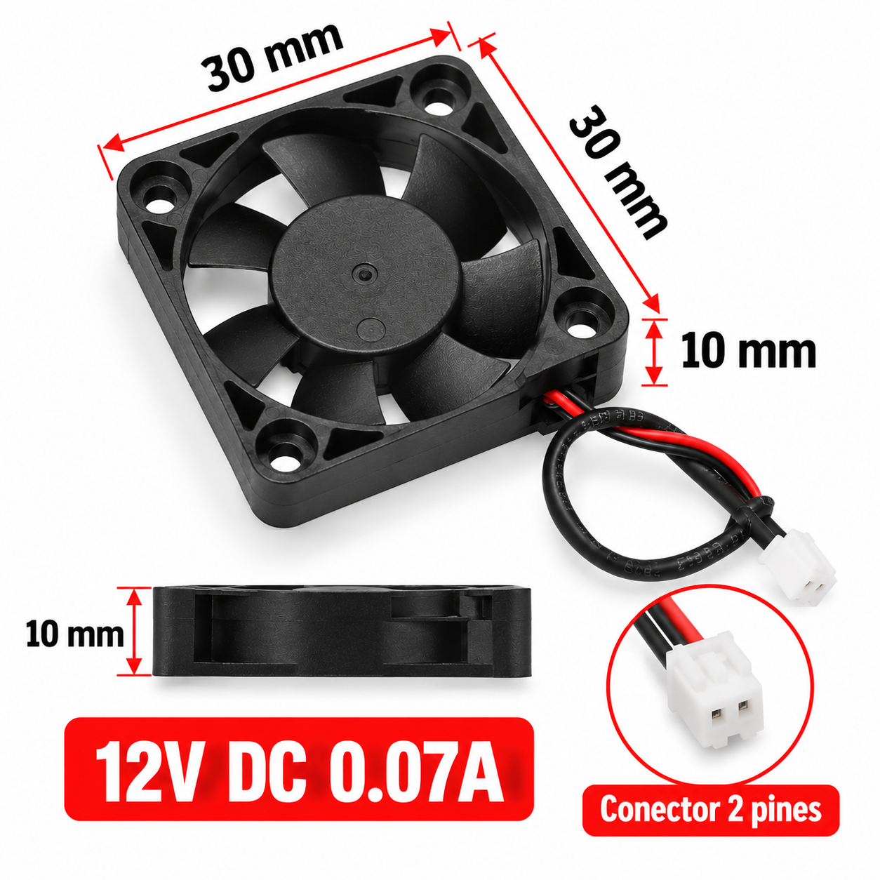 Mini Ventilador Cooler 3010 12V DC 30x30x10mm 2 Pines para Refrigeración Electrónica - Imagen 7