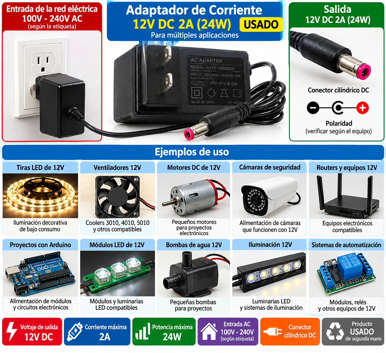 Adaptador Fuente de Alimentación 12V 2A 24W DC para Luces LED, Motores y Electrónica – Usado - Imagen 4
