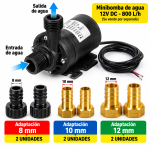 Adaptadores para Manguera de Minibomba de Agua 12V 800 L/h – 8, 10 y 12 mm – Par de 2 Unidades