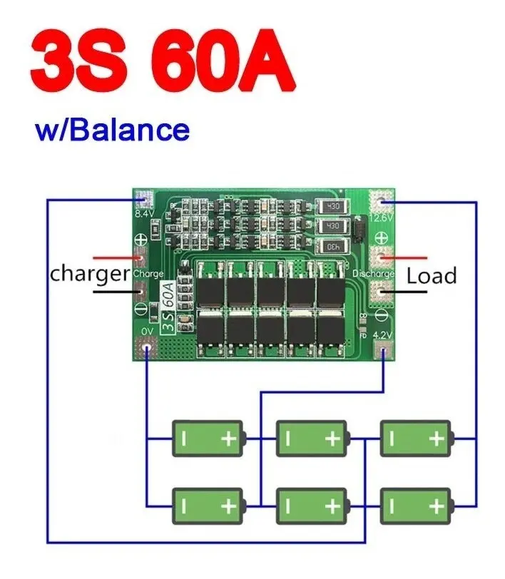 Módulo BMS 3S 60A 12.6V balanceo Protección Baterías Litio 18650 26650 para Taladro y Proyectos DIY - Imagen 5