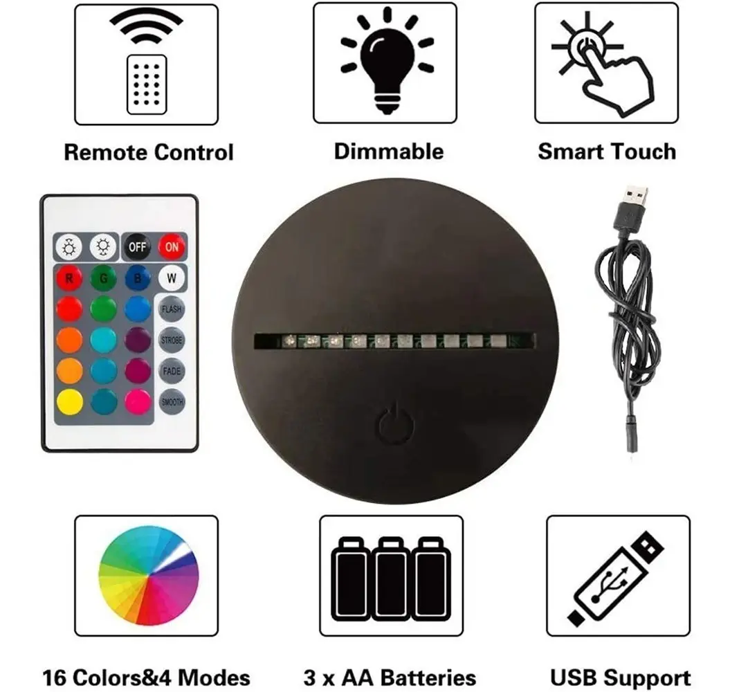Base LED RGB Negra para Lámpara 3D Táctil con Control Remoto USB 5V - Imagen 3