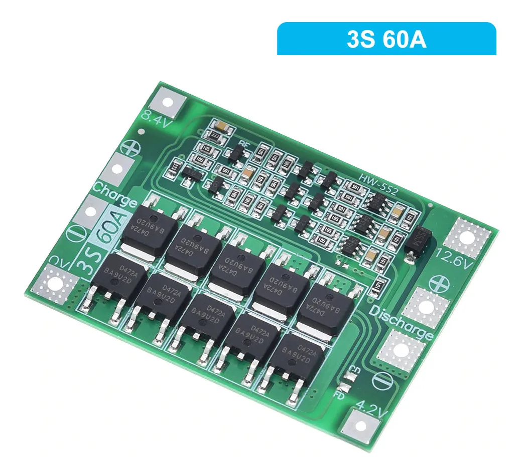 Módulo BMS 3S 60A 12.6V balanceo Protección Baterías Litio 18650 26650 para Taladro y Proyectos DIY