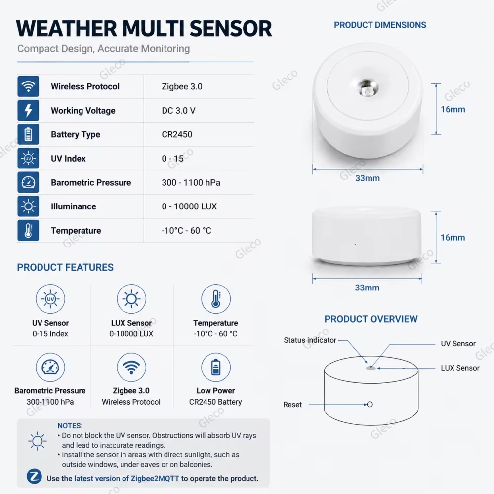 Sensor Meteorológico Zigbee 3.0 4 en 1 UV, LUX, Temperatura y Presión – Home Assistant Zigbee2MQTT - Imagen 6